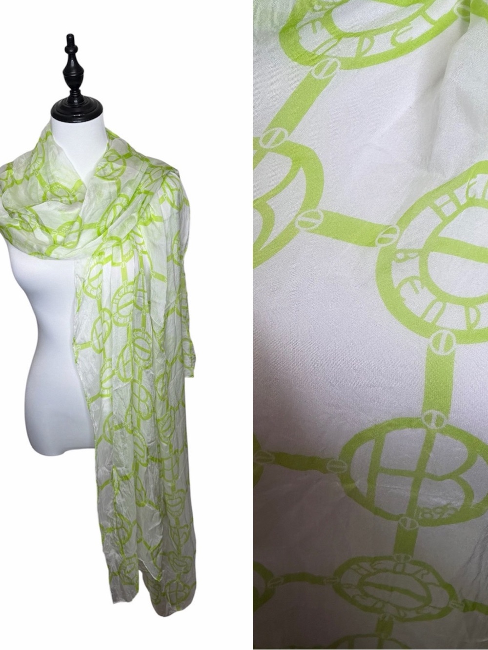 Henri Bendel Large 100% Silk Scarf Lime Green White Monogram Logo Designer Beach